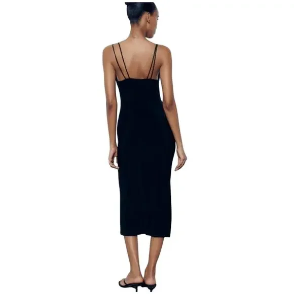 Zara LittleBlackDress Slip Slinky Cowl Draped Neck Open Back Midi L Minimalist - Picture 2 of 10
